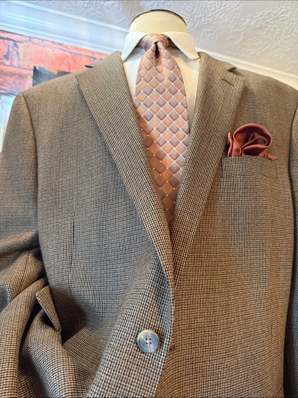 Chaps Brown Houndstooth Sport Coat with Brown Satin Lining